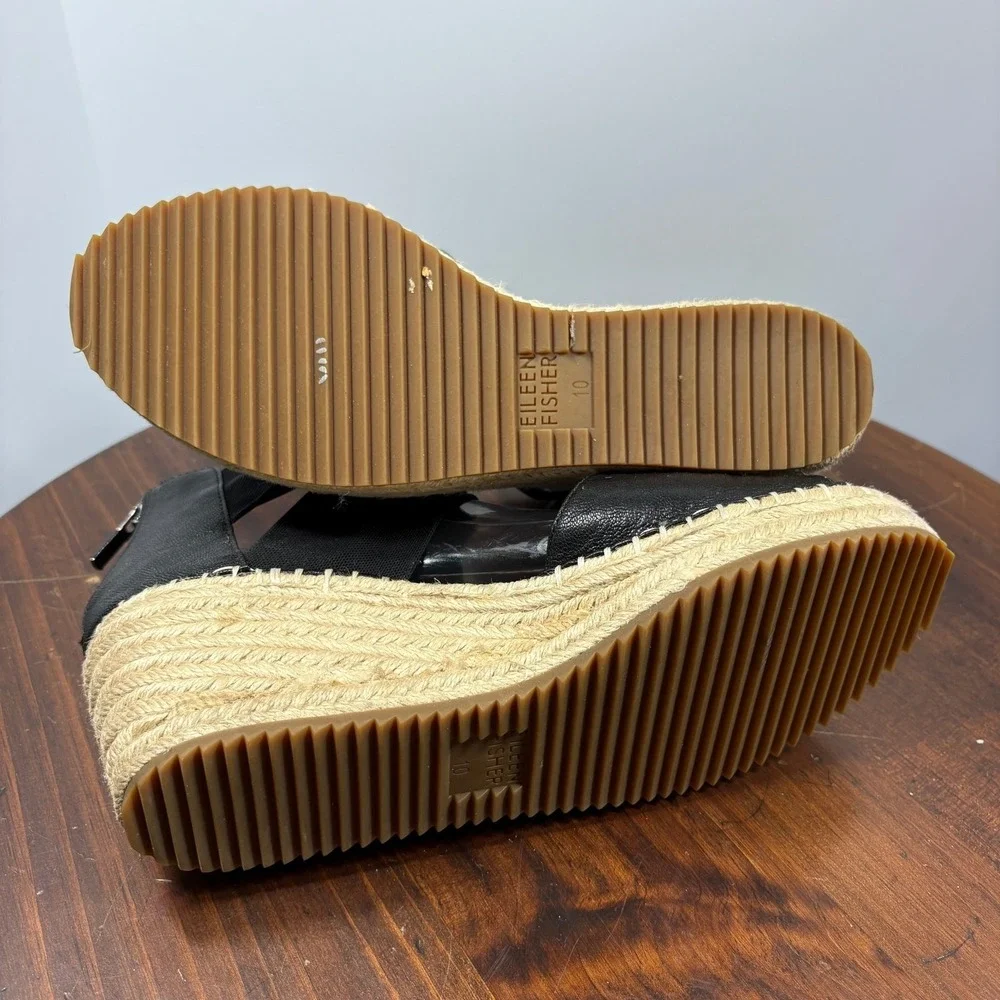 Eileen Fisher Wiley Leather‎ Espadrille Wedge Sandals Womens 10 Black Platform